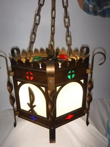 ANTIQUE~CATHOLIC CHURCH~GOTHIC STAINED GLASS HANGING LIGHT FIXTURE~CHRISTIAN - Picture 1 of 12