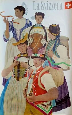 PÓSTER SUIZO 1952 - LA SVIZZERA - PUEBLO SUIZO VESTIDO TRADICIONAL ARTE DE VIAJE Foto 1 de 4