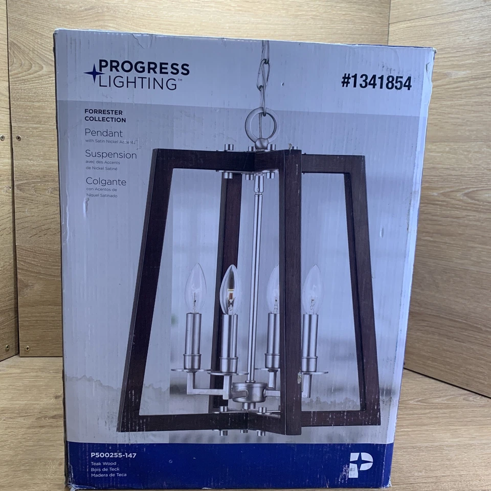 Progress Lighting Forrester Teak Wood Satin Nickel Lantern Pendant Lights