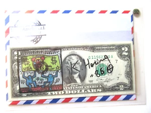 K. HARING: 2 Dollar ORIGINAL SIGNIERT, SKIZZIERT, DATIERT, BEARBEITET, von 1986 - Bild 1 von 6