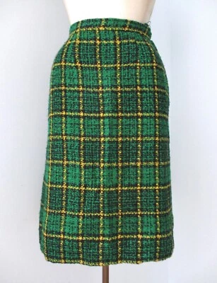 Antiga saia lápis reta tweedy xadrez amarela verde anos 60 secretária 23 pol. cintura - Imagem 1 de 4