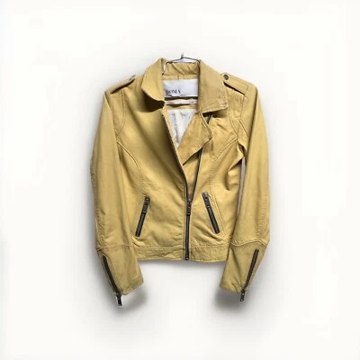 Doma Women's XS Lamb Leather Moto-Style Jacket Butter Soft Distressed Yellow - Image 1 of 4