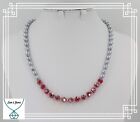 Deep red/silver glass crystal & silver-grey glass pearl bead necklace 19"+2  