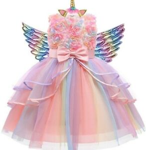 Unicorn Costume Tutu Dress Party Girl Flowers Rainbow Wings Princess Birthday 