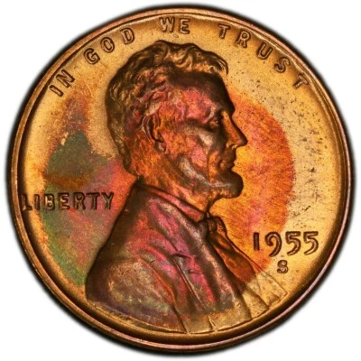 MS66RB 1955-S 1C Lincoln Wheat Cent, PCGS Trueview- Pretty Rainbow Toned - Image 1 of 4