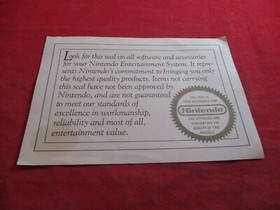 Nintendo Seal of Approval Certificate R.O.B. Robot System NES Set Insert ONLY