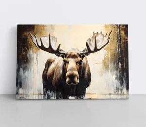 Moose Painting Print Framed Canvas Wall Art Wildlife Animals Modern Rustic Cabin - Picture 1 of 14