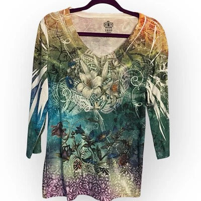 Camisa Izod Tatuaje Estampado Gráfico Mujer M Multicolor Vintage Años 90 Y2K Floral Top Foto 1 de 4