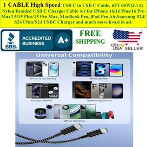 1 CABLE HIGH SPEED USB C to USB C Cable, 6FT 60W 3.1A High Speed Charging Cable - Picture 1 of 8