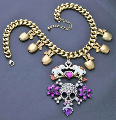 Collar Big DIVA Corazón Púrpura Calavera Flor ELEFANTE Estrás Betsey Johnson q Foto 1 de 4