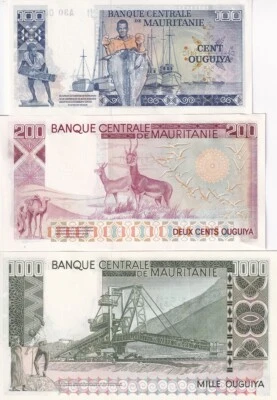 Mauritania SET 3 UNC 100 200 1000 Ouguiya 1975 1977 P 3A 3B 3C TDLR Emitido 2024 Foto 1 de 2