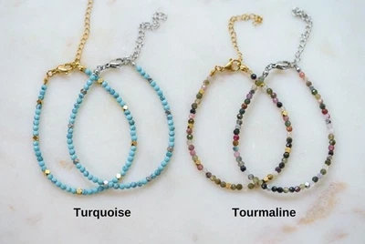 Blau Türkis facettierte runde Edelstein Perlen vergoldet handgefertigtes Armb... - Bild 1 von 4