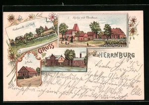 Lithographie Herrnburg, Kirche mit Pfarrhaus, Dorfansicht mit Teich, Schule 190  - Picture 1 of 2