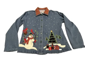 Vintage Wutanfälle Weihnachtsshirt Damen Medium Denim mit Stickerei Baum Schneemann - Bild 1 von 10