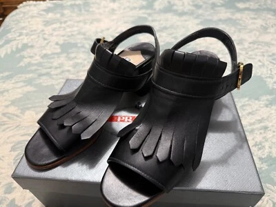PRADA preowned Fringe Trim Black leather block heel Buckle Sandals Size EU40 - Image 1 of 4