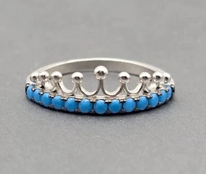 Sterling Silver 925 Synthetic Turquoise Crown Band Ring Size 8.5 Cutout Details - Picture 1 of 9