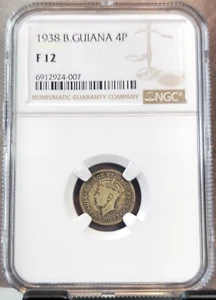 1938 BRITISH GUIANA SILVER 4 PENCE GEORGE VI NGC F 12 SCARCE COIN - Picture 1 of 3