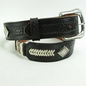 Vintage Justin Western Belt 32 Brown Top Grain Leather Braid Concho Brass Buckle - Picture 1 of 22