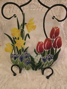Signed Peggy Karr 'Spring Garden' 8" Fused Art Glass Luncheon Plate 90's Vtg.  - Picture 1 of 7