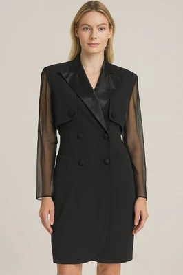 Vestido Blazer Joseph Ribkoff Negro Halter 2 en 1 Transparente Superposición Manga Transparente Talla 10 Foto 1 de 4