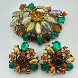 Broche clip en pendientes vintage de cabujones AB con pedrería de vidrio tono dorado - Imagen 1 de 8