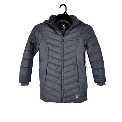 Spyder Girls Puffer Coat Jacket Gray Hooded Full Zip Quilted Winter Size M 8/10 - Image 1 of 4