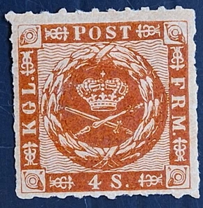 RARE 1863 Denmark 4Sk brown Royal Insignia stamp roulette prf Mint SG15 Cat £110 - Picture 1 of 2