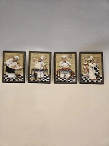 4 piece Chef and Dachshund 3-D Resin Vtg Wall Plaque by Dena Marie Signed 4"x6" - Picture 1 of 9