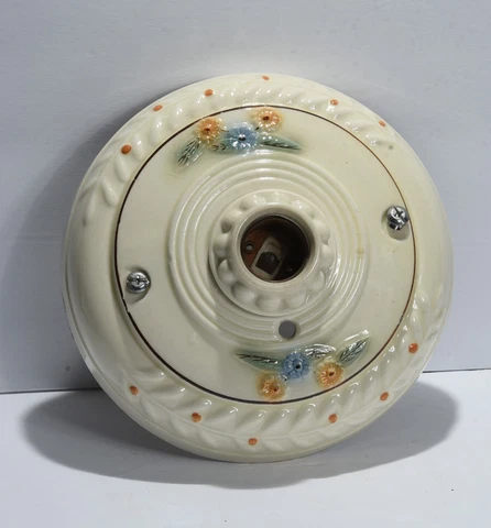 Vtg Art Deco Raised Floral Ceramic Porcelain Blue orange Flowers Light Fixture Cover