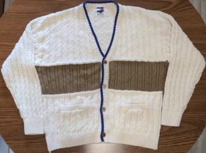 Vtg Tommy Hilfiger Cardigan Knit Varsity Sweater Mens Size M Cable Knit Cream - Picture 1 of 10