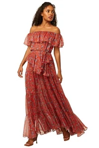 MISA Los Angeles LA Women's Maxi Dress Kiera Off Shoulder Red Paisley Chiffon - Picture 1 of 8