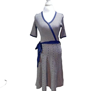Liz Claiborne A Line Sz S Tie Waist 3/4 Sleeve Sweater Dress Navy Beige NWT - Picture 1 of 6