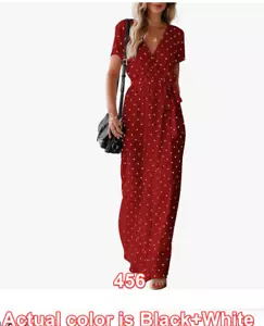 FSHAOES Women's Polka Dot V Neck Maxi Wrap Dress Tie Waist Short Sleeve Bohemian - Picture 1 of 5