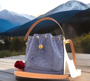 AUTH NWT $578 Tory Burch T Monogram SM Patent Leather Bucket Crossbody-DK Lotus - Picture 1 of 13