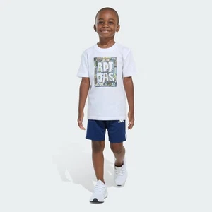 adidas kids Two-Piece Short Sleeve Graphic Cotton Tee and 3-Stripes Shorts Set - Picture 1 of 5