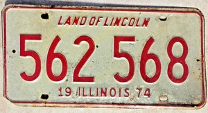 1974 Illinois 562 568 License Plate Red and White loved Lincolns land - Picture 1 of 2