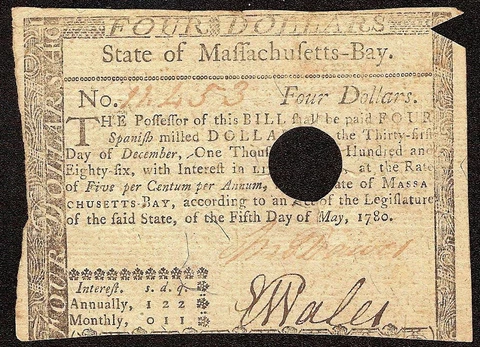 1780 $4 FOUR DOLLAR BILL COLONIAL CURRENCY NOTE PAPER MONEY Fr MA-281 Cover