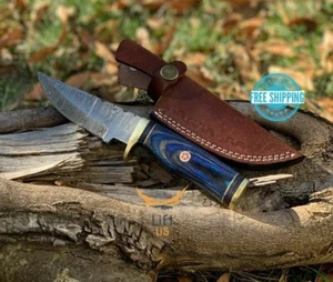 Custom HAND FORGED DAMASCUS STEEL HUNTING KNIFE Natural Wood Brass Guard Handle - Picture 1 of 6