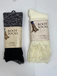 Women's Boot Socks Fashion by Mirabeau Lot of 2 Ivory Lace Bridgeport Black - Picture 1 of 2
