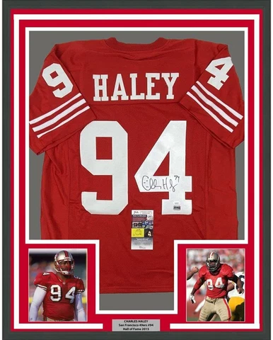 Framed Autographed/Signed Charles Haley 33x42 San Francisco Red Jersey JSA COA Cover