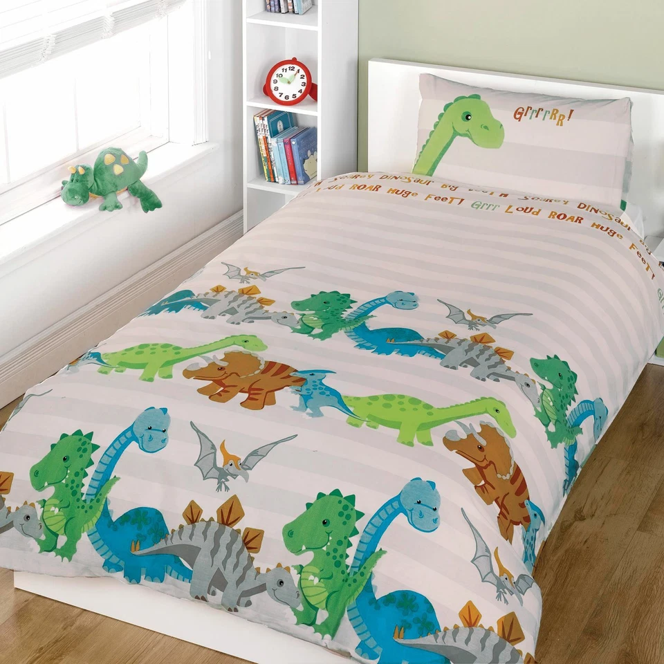 DINOSAURS SINGLE DUVET COVER & PILLOWCASE SET BOYS BEDDING NEW NATURAL - Image 1 of 1