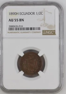 1890 H Ecuador 1/2 Centavo. NGC AU 55 BN - Picture 1 of 2