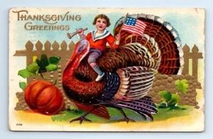 Cartolina Auguri Ragazzo Cavalcando Gigante Turchia Fantasia Patriottica Ringraziamento 1908 - Foto 1 di 2