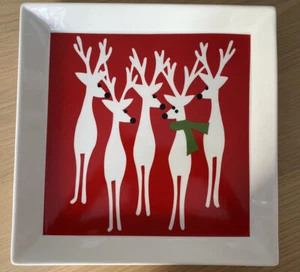 Crate & Barrel Reindeer Serving Tray Plate Platter  12” Square Christmas Tree - Picture 1 of 4