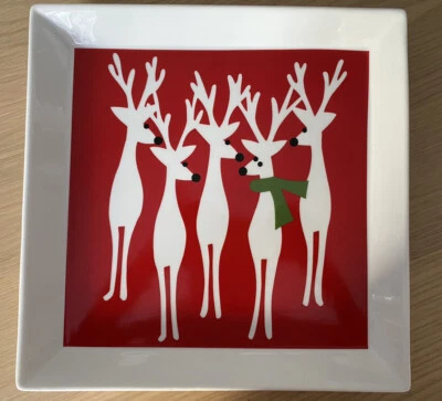 Crate & Barrel Reindeer Serving Tray Plate Platter  12” Square Christmas Tree - Image 1 of 4