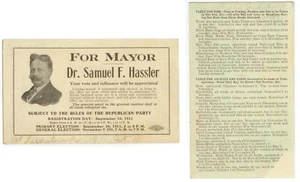 1911 Lewsiton Pennsylvania Dr. Samuel F Hassler For Mayor advertising card - Picture 1 of 1