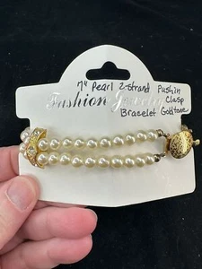 Bracelet 7" 2 Strands Pearls Gold Spacer Beads Push-In Clasp Vintage Gold M-7025 - Picture 1 of 4