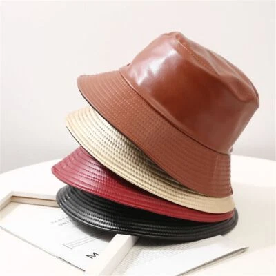PU Leather Bucket Hat Fisherman Cap Foldable Waterproof Sun Caps Hip-Hop Street - Image 1 of 4