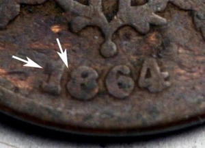 1864 Two Cent Piece - Triple Punched Date - Picture 1 of 2