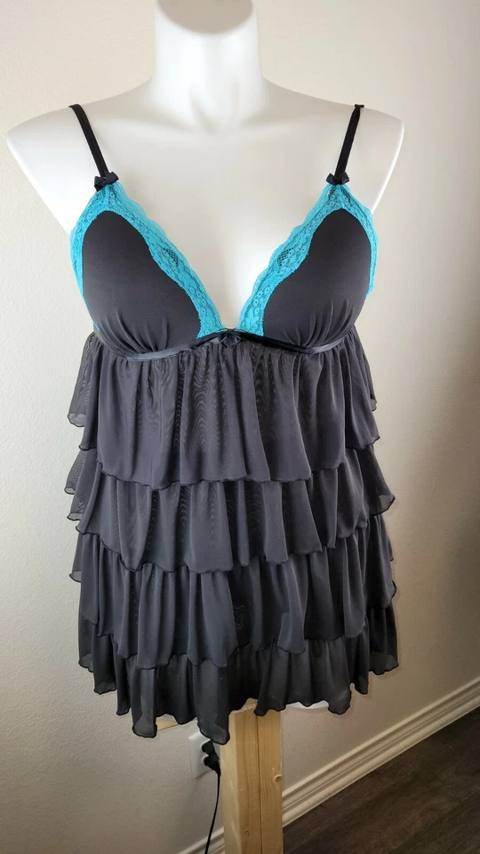 Lencería JEZEBEL Camisón Volantes Negro/Azul Transparente con L Almohadilla Sujetador Mediano  Foto 1 de 4